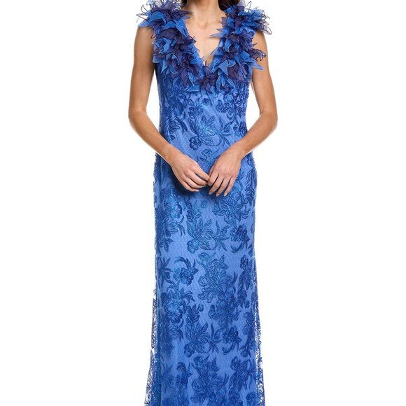 Tadashi Shoji Dresses & Skirts - Tadashi Shoji blue evening gown with v-neck and floral appliques